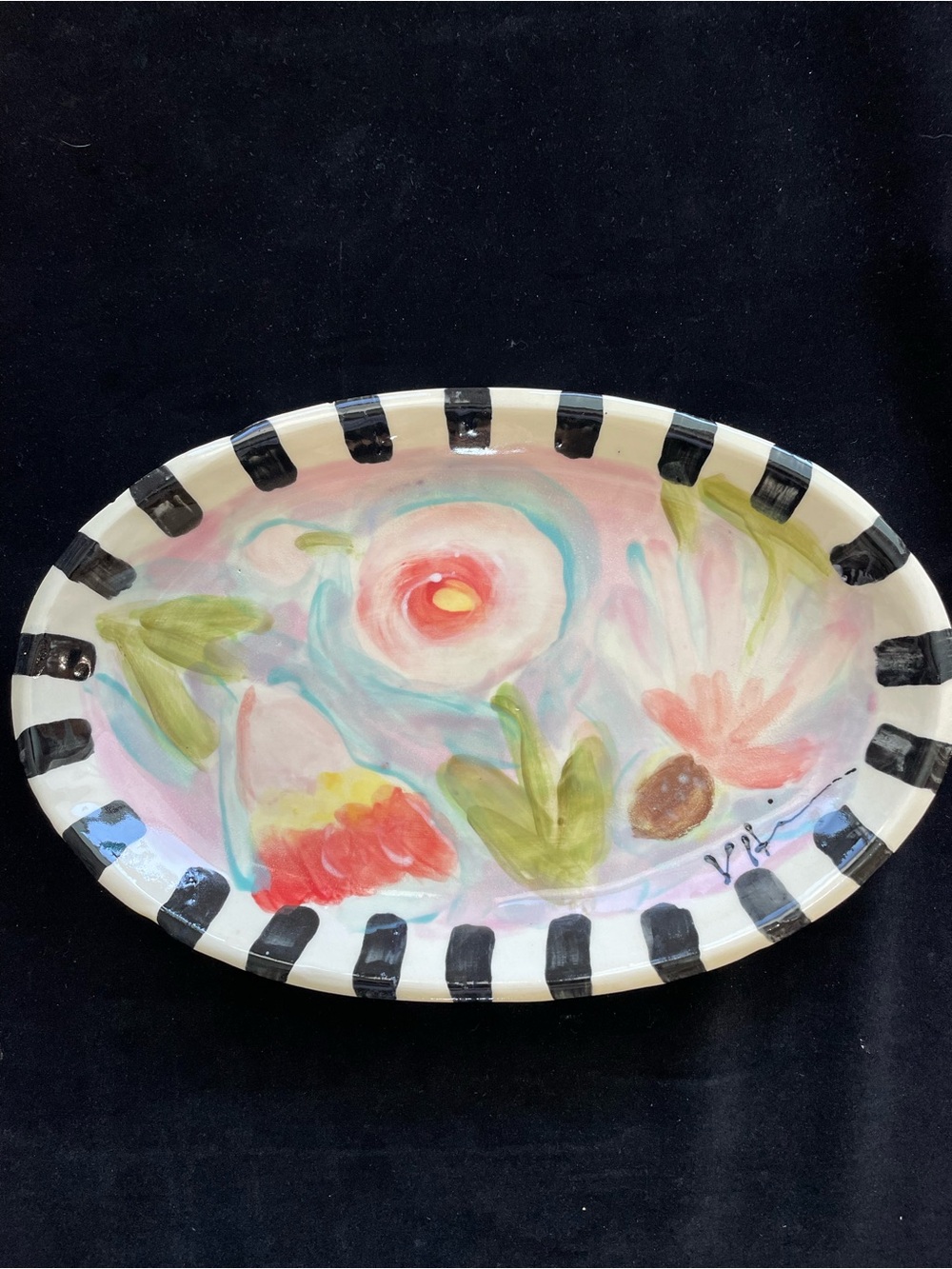 Handmade Ceramic Oval Serving Tray with Large Pink Flowers 12”x8”